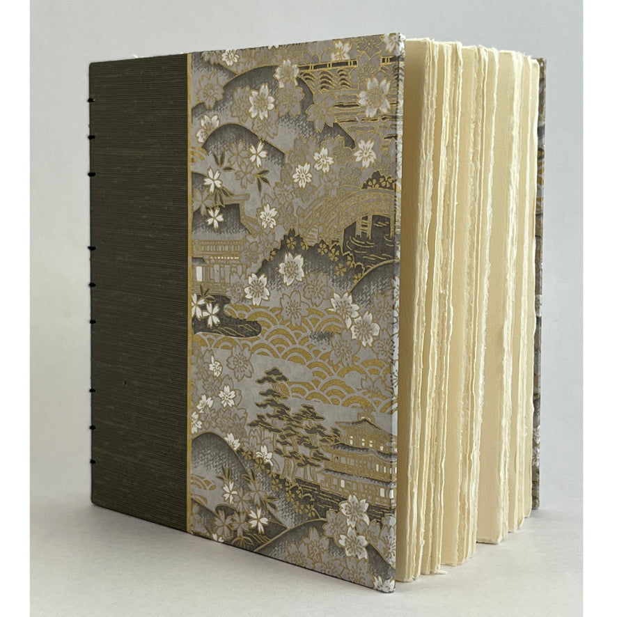 Journal/Sketchbook:  Grey-green Asahi Bookcloth/ Gray/White/Gold Chiyogami