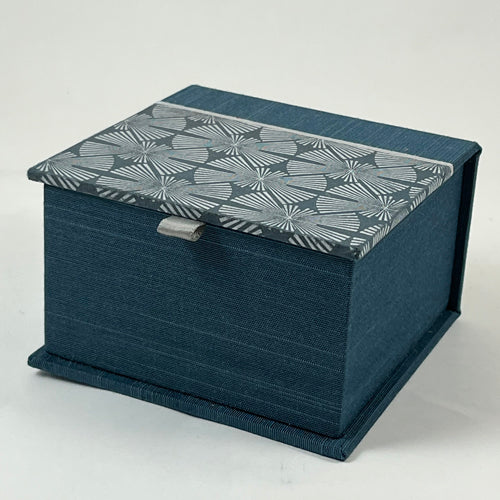 Decorative Box with Hinged Lid: Slate Blue Asahi Bookcloth, Pearlized Geometric