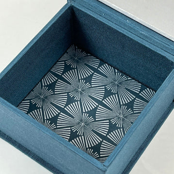 Decorative Box with Hinged Lid: Slate Blue Asahi Bookcloth, Pearlized Geometric