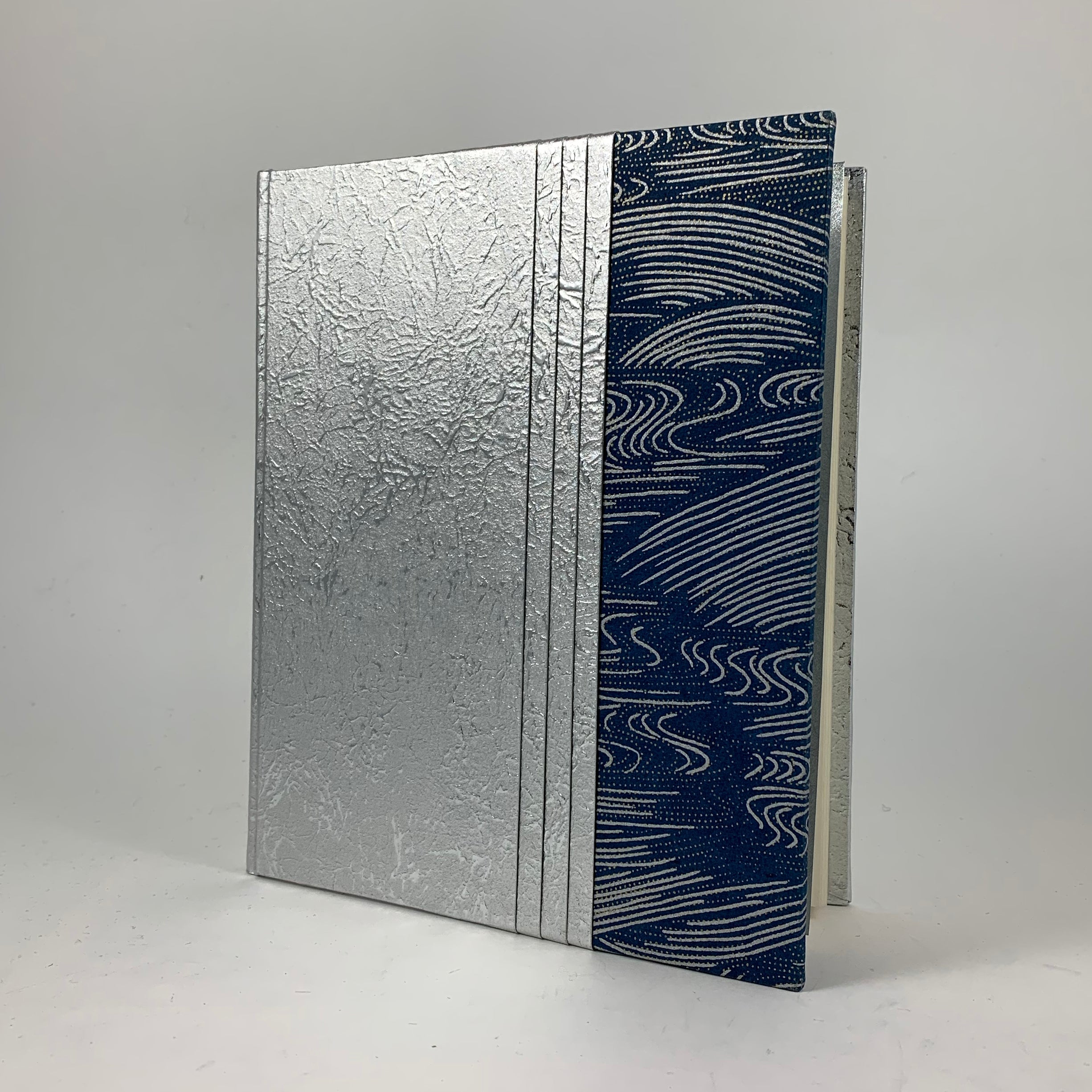 Journal/Sketchbook (Silver Momi/Indigo-Silver Wave Chiyogami, w. Tuxedo Pleat) 6.75" x 5.75"